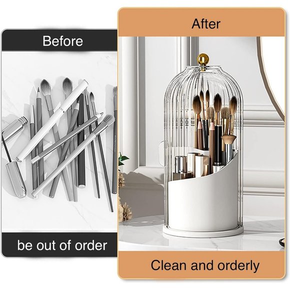 Transparent white 360°Rotating Makeup Brush Organizer With Lid for Easy Access - Picture 3 of 6